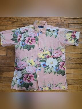 Vtg 90s Ralph Lauren Polo M Pink Floral Hawaiian Collared Button Up Shirt